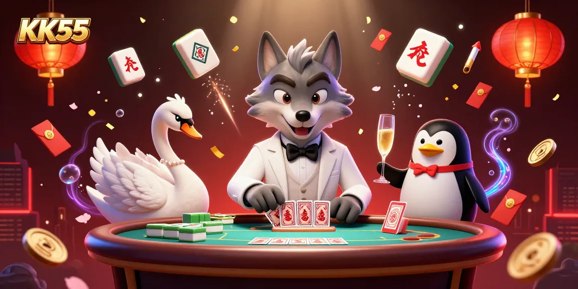 Experience the excitement of KK55 with a lively casino scene featuring vibrant characters and rich gaming elements.