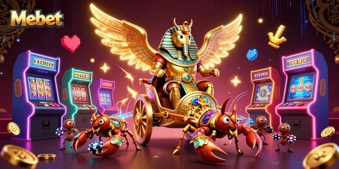 Engage in vibrant gaming excitement with Mebet, as a colossal scarab beetle and scorpions create a thrilling scene.