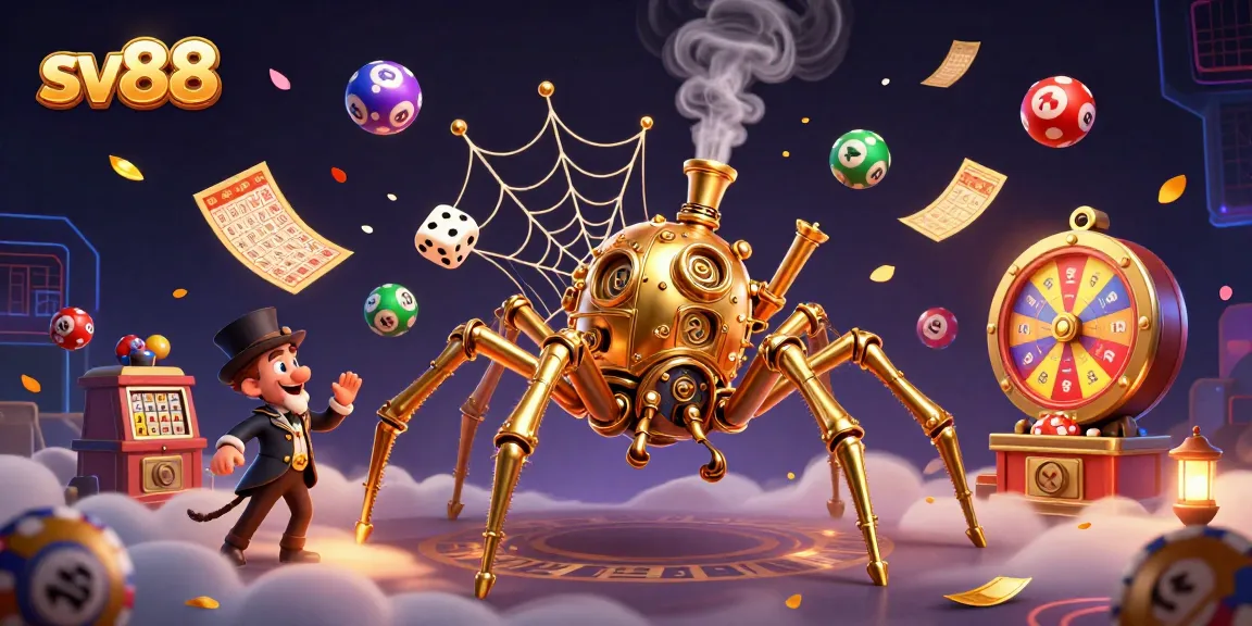 Experience the thrill of sv88 with a steampunk spider weaving a web of luck and vibrant lottery elements.