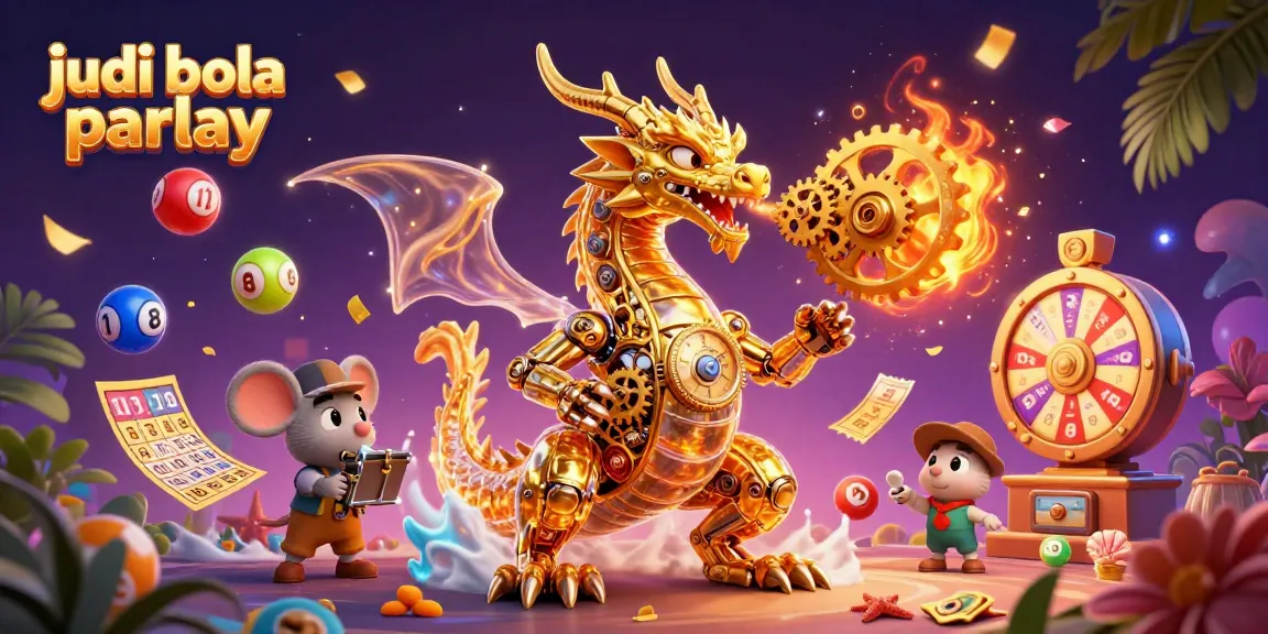 Experience thrilling judi bola parlay excitement with a golden dragon, vibrant game elements, and jackpot vibes.