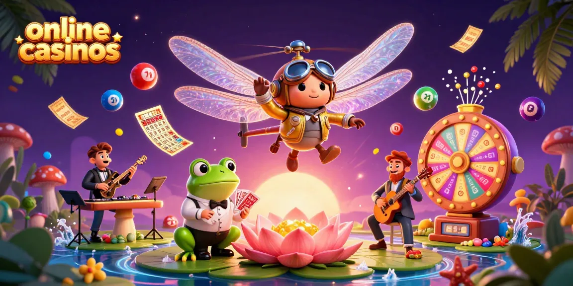 Engage with online casinos through vibrant characters and dynamic game elements in this playful 3D illustration.