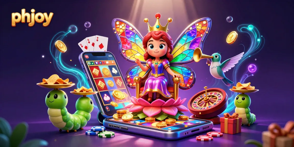 Experience phjoy with a vibrant 3D casino scene featuring a butterfly queen and slot games.