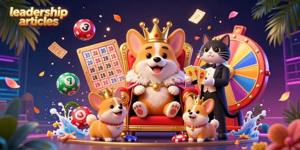 Engage with leadership articles featuring a royal corgi on a throne surrounded by colorful lottery elements.