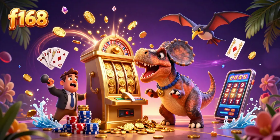 Experience the thrill of f168 as characters engage in casino fun, headbutting slots and winning jackpots.
