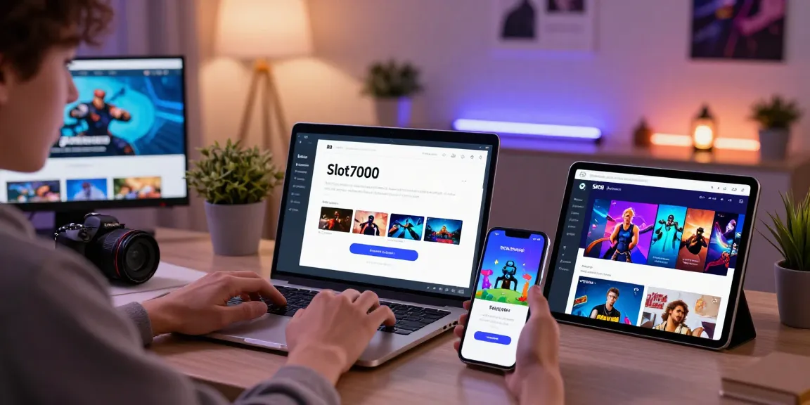 User accessing slot7000 app on multiple devices in a modern home office.