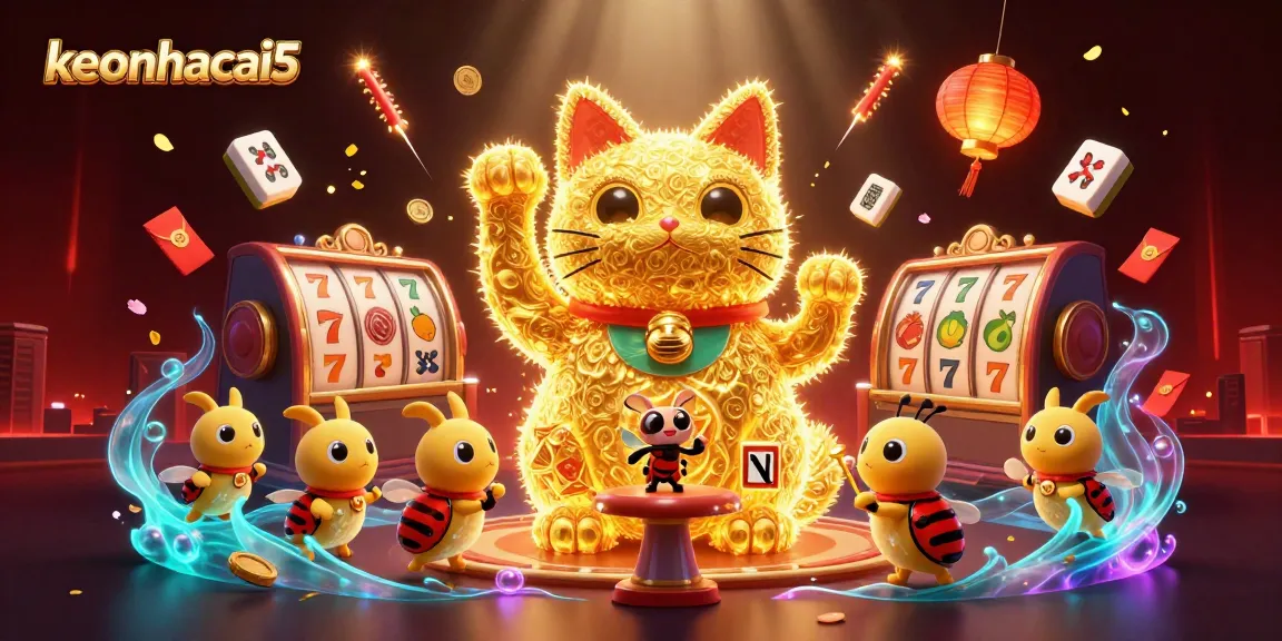 Experience keonhacai5 as golden fireflies create a giant lucky cat amidst vibrant casino elements.
