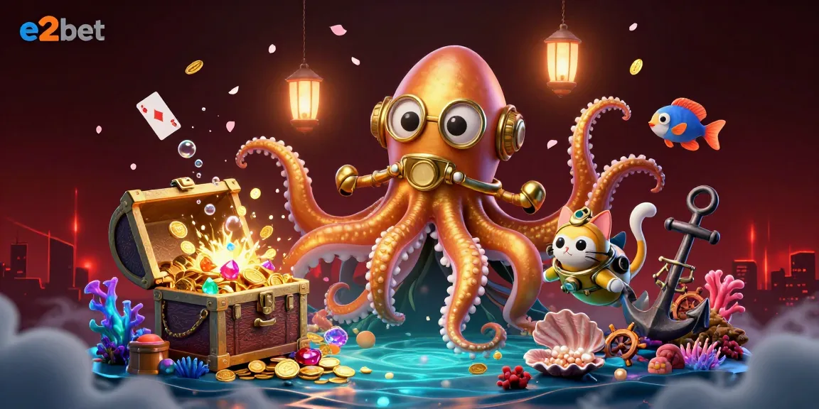 Experience thrilling gaming with e2bet's vibrant underwater scene featuring a kraken and diving cat.