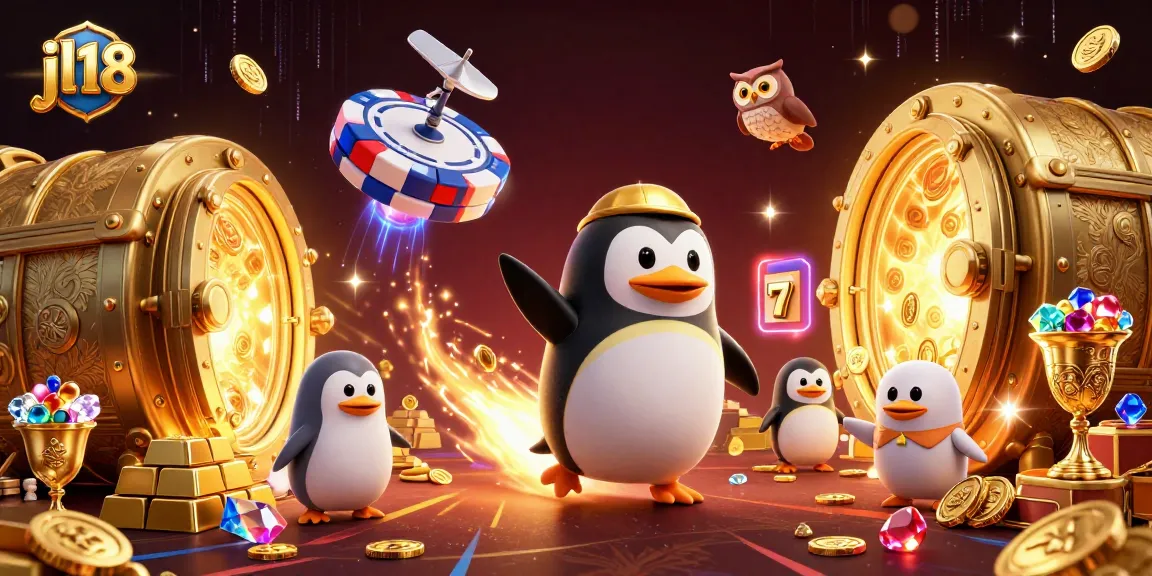 Play thrilling games at jl18 Casino with a golden penguin and cosmic action!