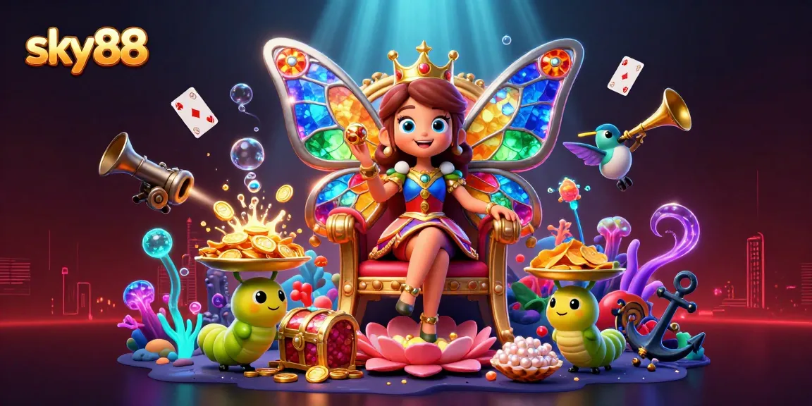 Catch the thrill of sky88 with a vibrant butterfly queen amid treasure and gaming gems.