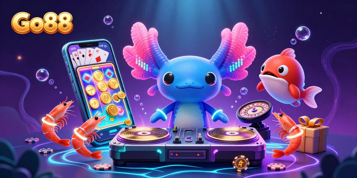 Engage with the fun world of Go88 as neon-colored characters DJ and dance, showcasing the excitement of casino games.